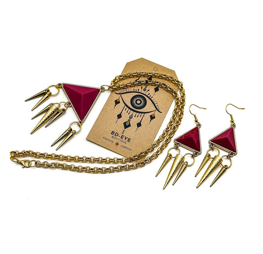 Hot Pink Geometric Pyramid & Spikes Necklace  Earrings Set - Original Re-design