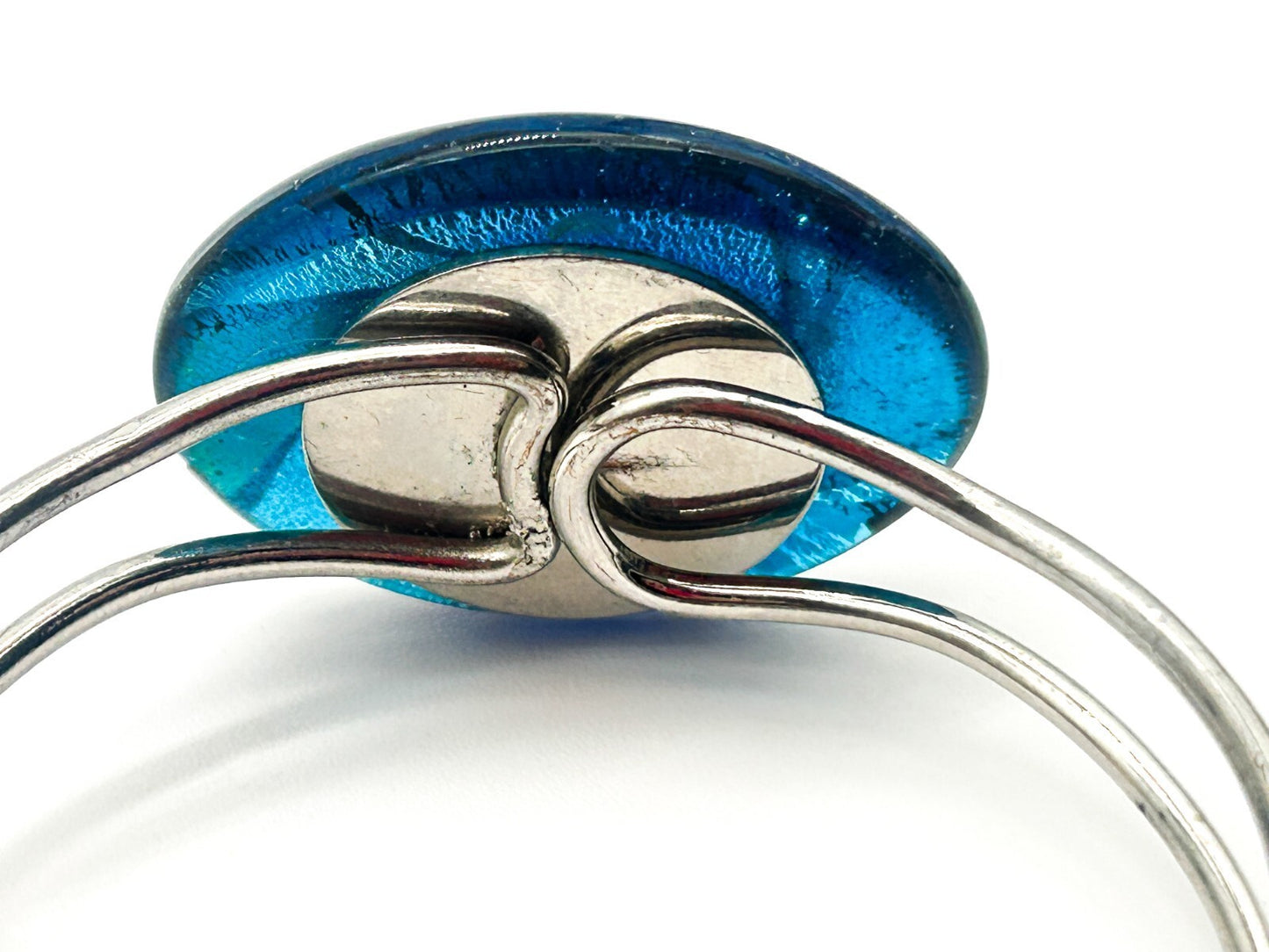 Art Glass Swirl Bangle Blue Pink Silver Hinged Statement Bracelet