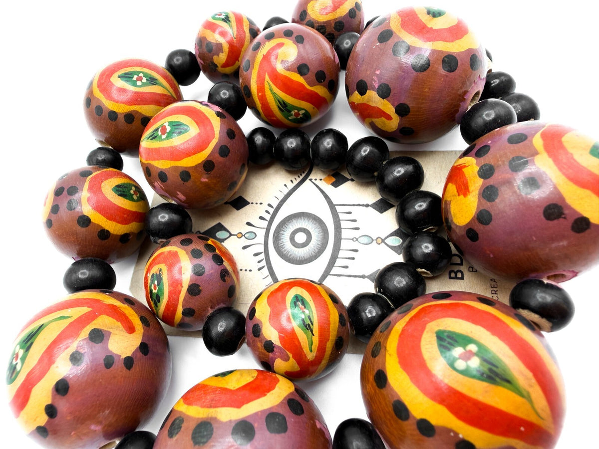 Graduated Hand-Painted Paisley Wooden Bead Necklace – Orange & Brown Tones