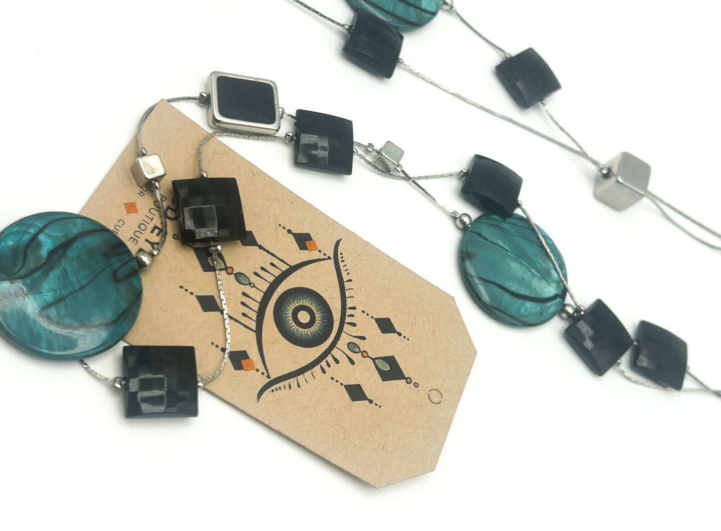 Vintage M&S Teal  Black Disc and Black and Silver Tone 2-layer Cube Necklace