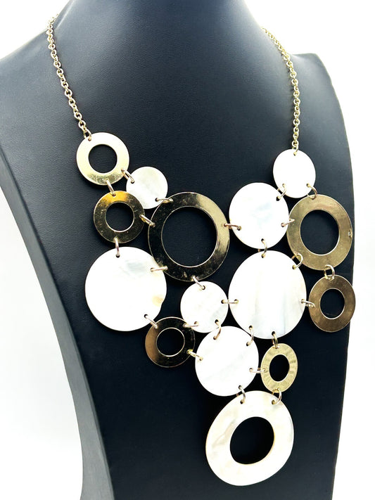 Y2K Gold Tone Statement Necklace Mother of Pearl Disc Hoop Bib Chunky 90s 2000s