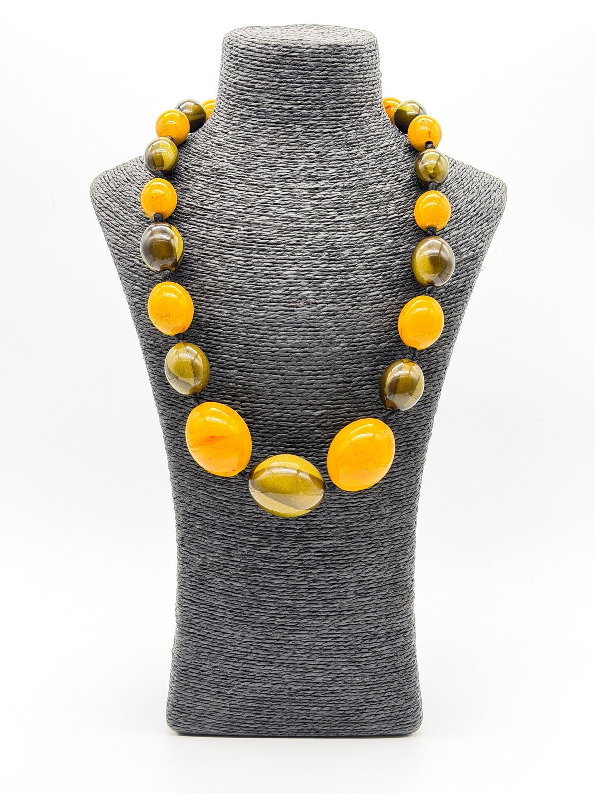Chunky Statement Necklace Olive Green Mustard Acrylic Beads Graduated 25”