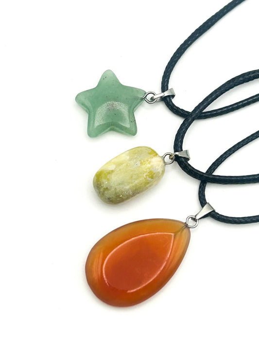 Gemstone Pendant Cord Necklace Bundle – Carnelian, Aventurine Star & Serpentine