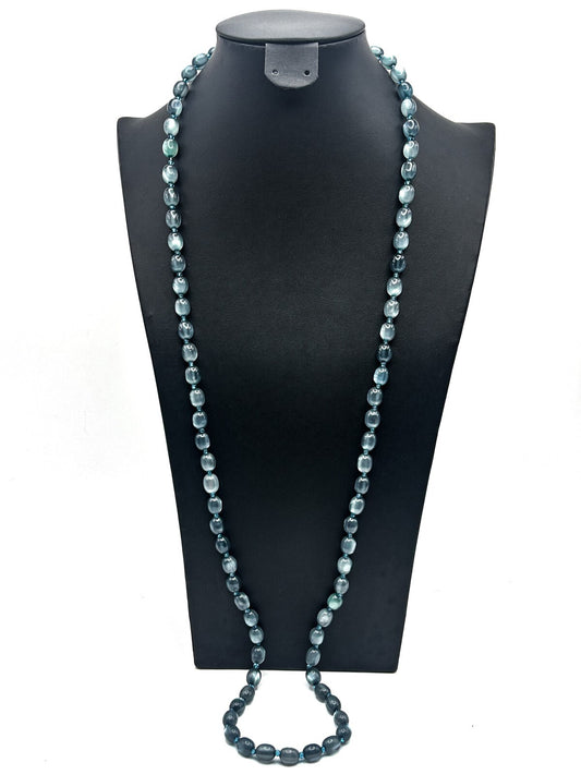 Dusky Blue Cat's Eye Long Beaded Clasp-less Necklace