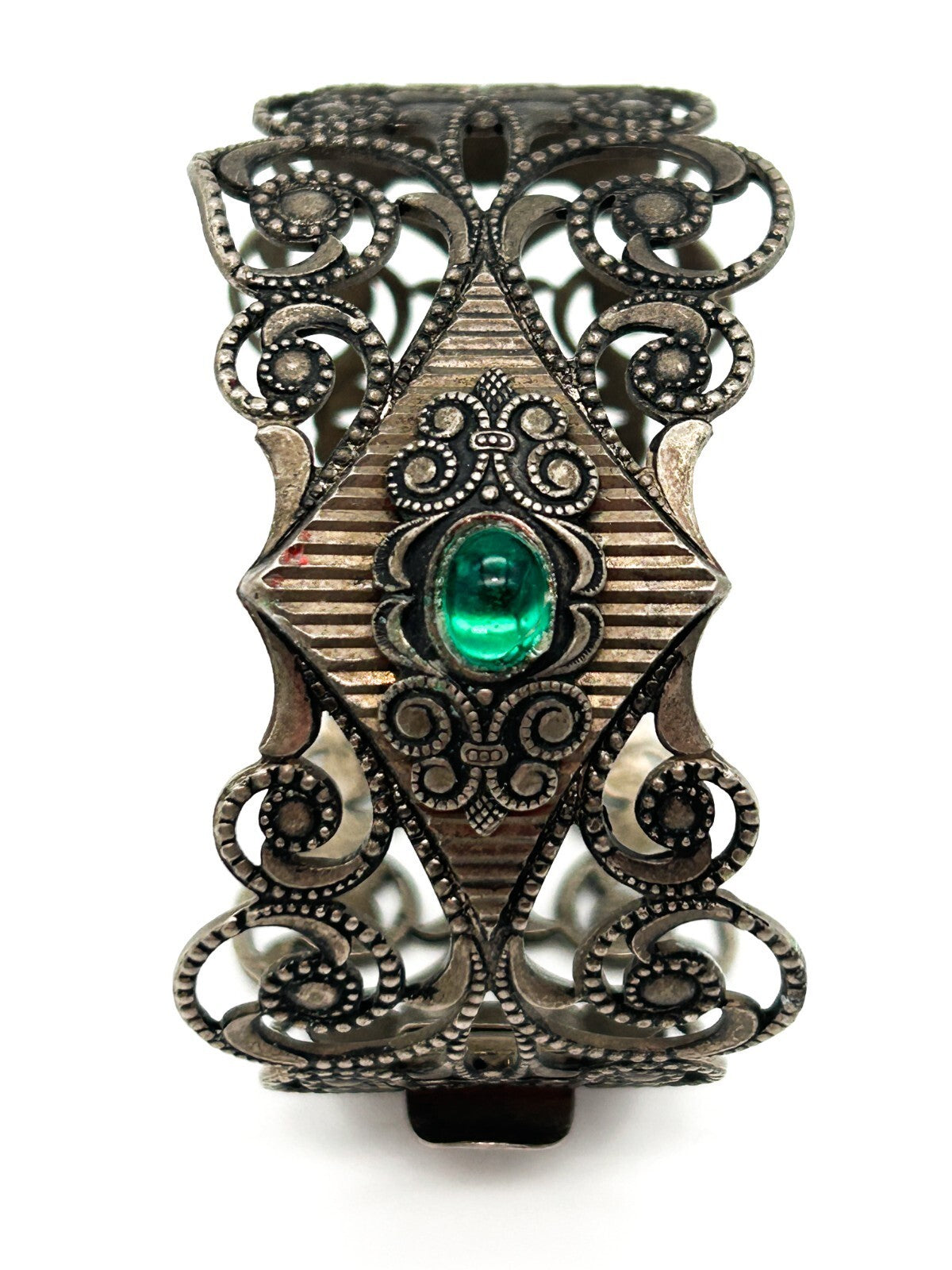 Vintage Art Deco Revival Ornate Silver Tone Hinged Bangle Green Cabochon Filigre