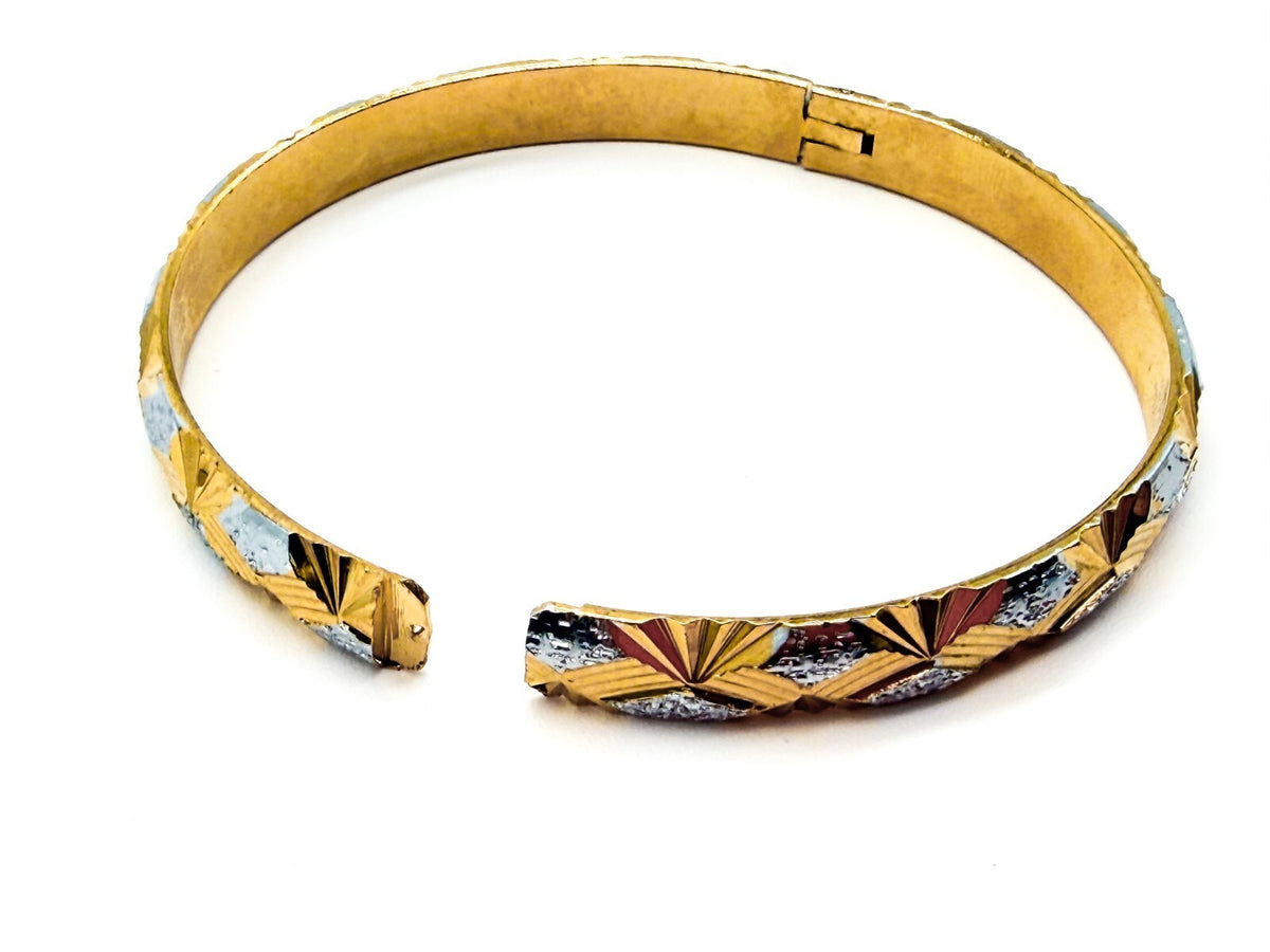 Gold Tone Diamond Cut Hinged Bangle Bracelet Silver Tone Accents Geometric
