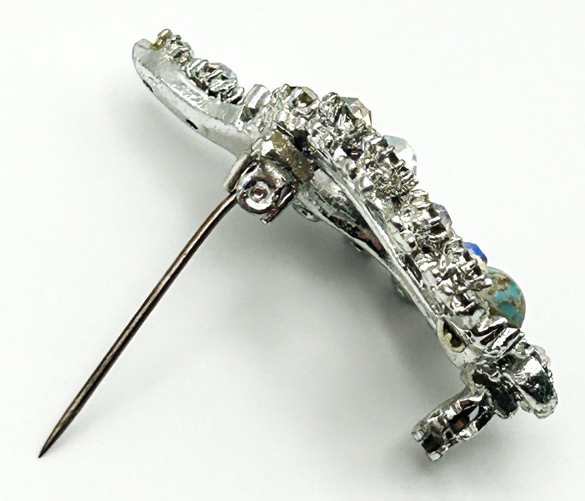 Mother Brooch Aurora Borealis Rhinestone Silver Tone Turquoise Pin