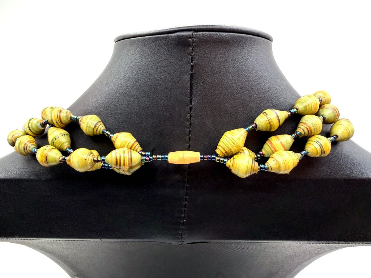 Vintage Multi-Strand Yellow & Green Beaded Necklace - Faux Rolled Paper Beads