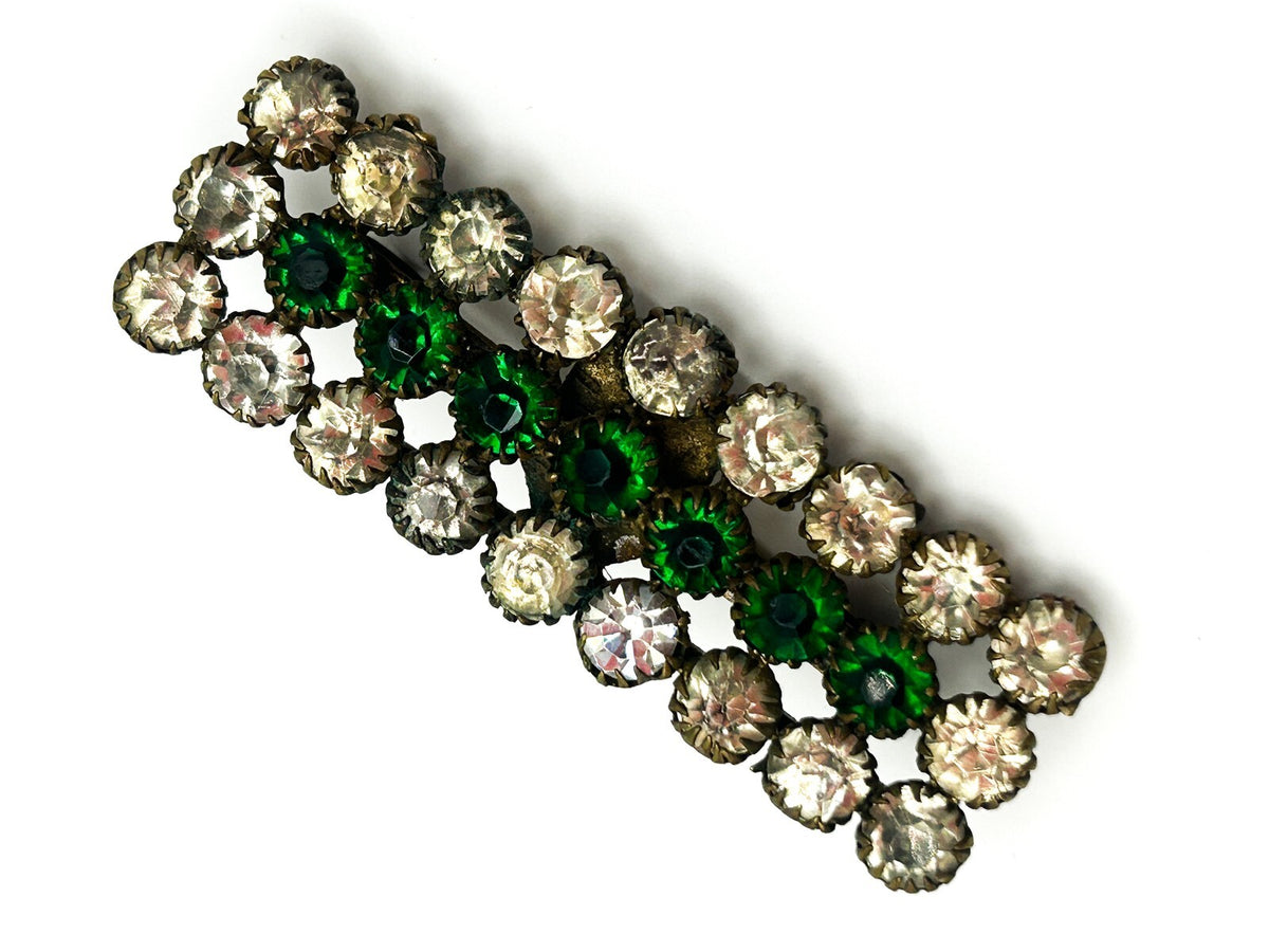 Vintage Green Rhinestone Brooch Bar Pin Clear Glass Art Deco