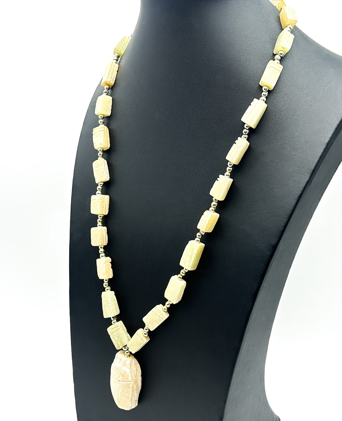 Egyptian Revival Carved Scarab Bead Necklace – Soapstone Panel with Drop Pendant