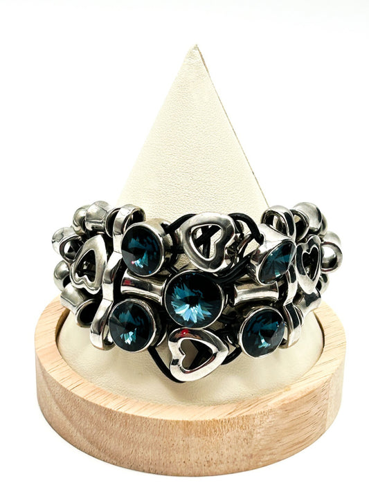 Miss Chic Silver Tone Industrial Y2K Chunky Heart Bracelet Deep Blue Rhinestones