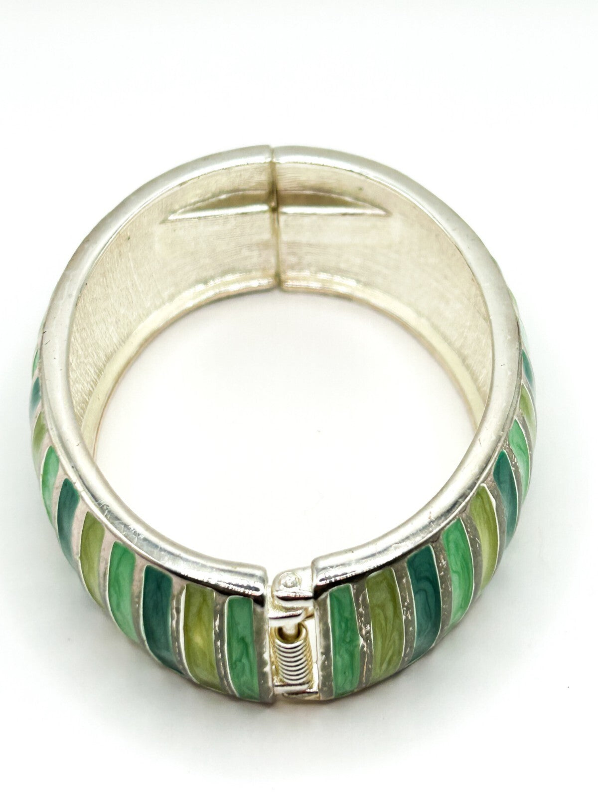 Green Striped Enamel Domed Clamper Bangle Silver Tone Statement Bracelet