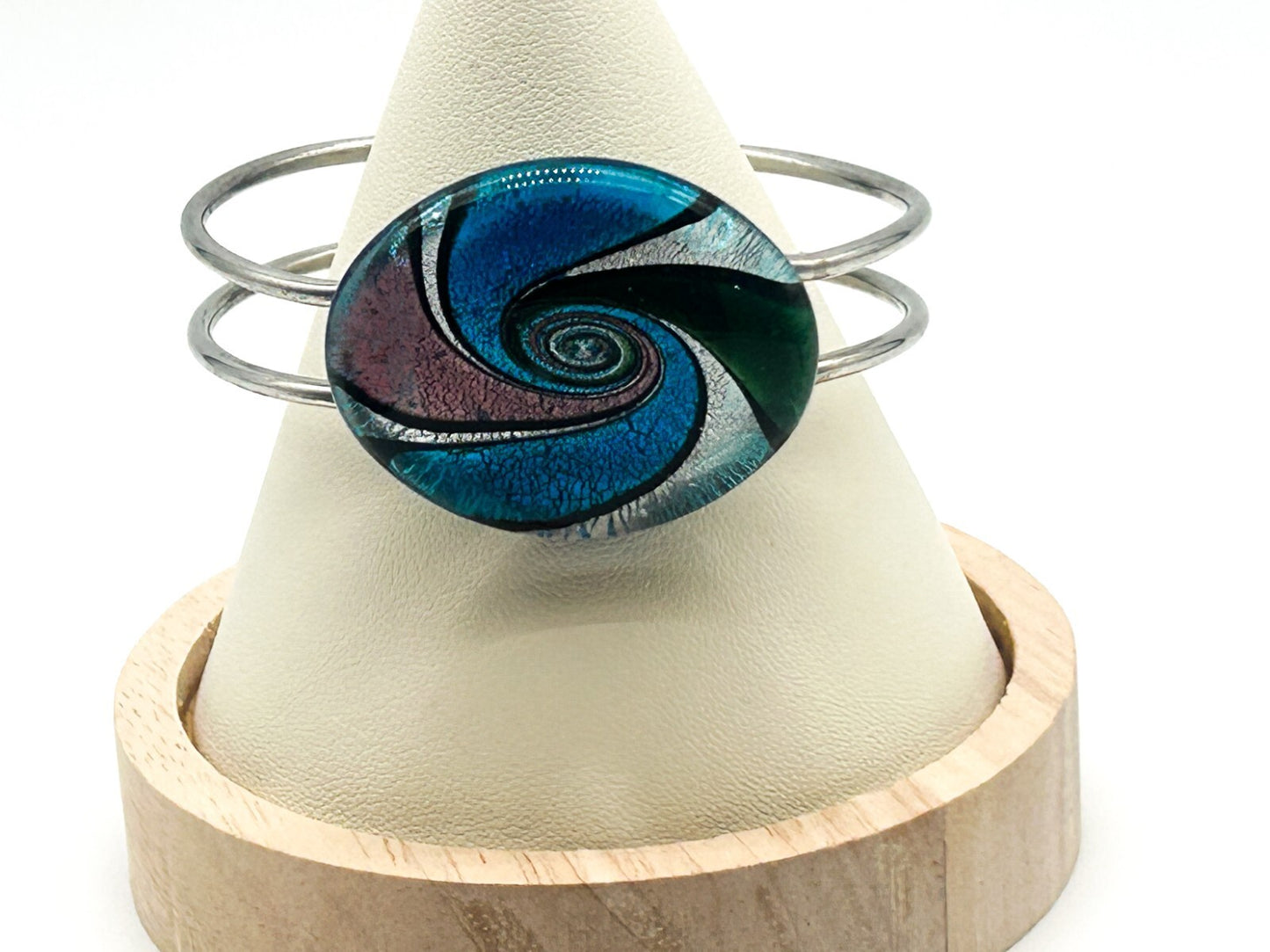 Art Glass Swirl Bangle Blue Pink Silver Hinged Statement Bracelet