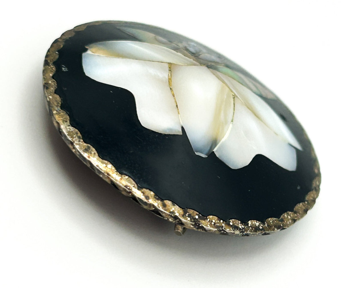 Vintage Alpaca Mexico Mother of Pearl Brooch Abalone Shell Inlay Floral Pin
