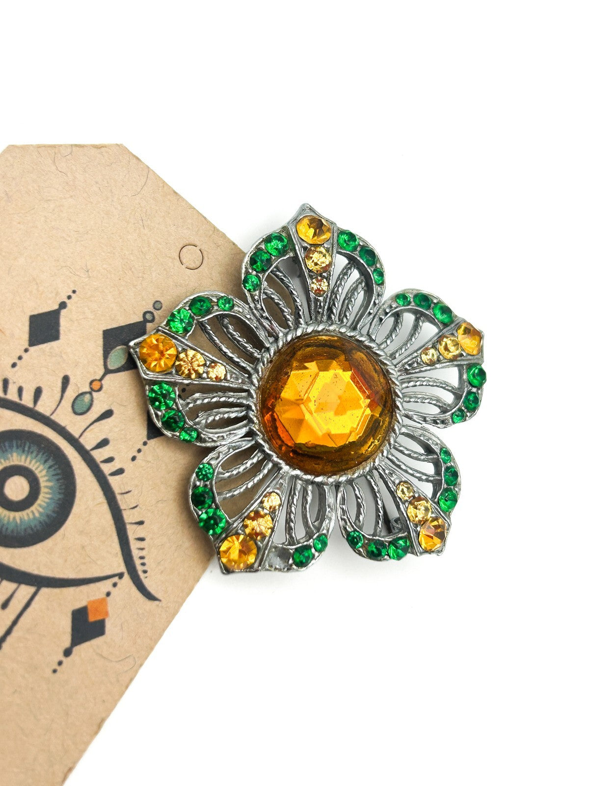 Vintage 1940s Rhinestone Flower Brooch Amber Green Glass Silver Tone