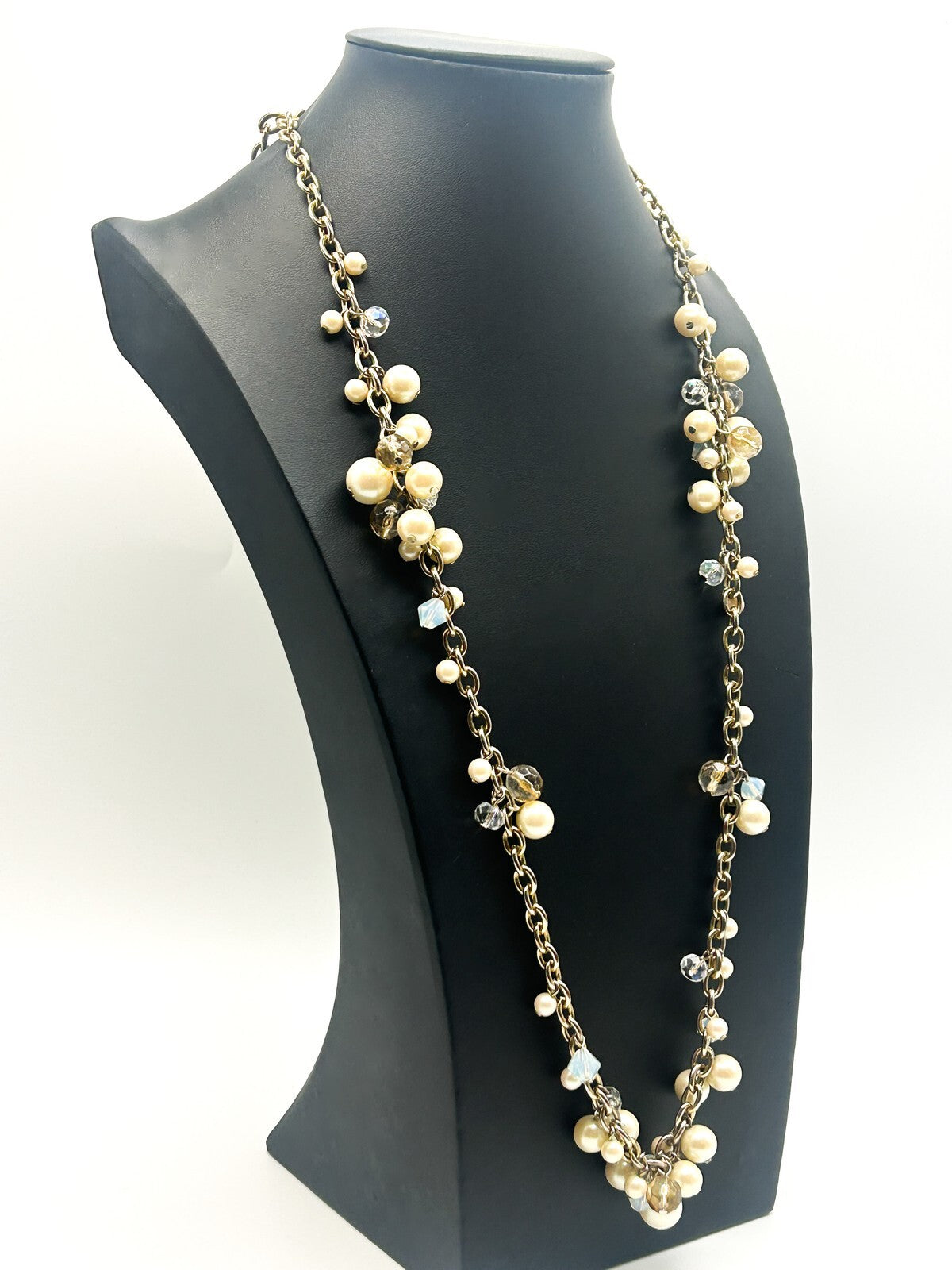 Carolee Gold Tone Faux Pearl Cluster Necklace Long Chain AB Crystal 33” Signed