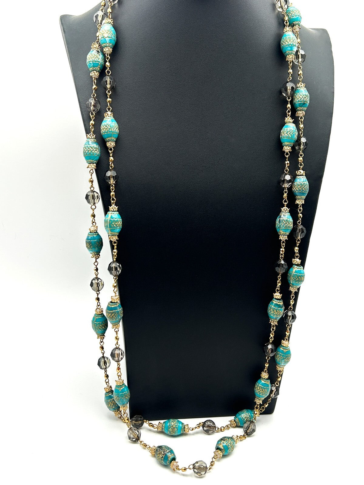 Vintage Style Turquoise & Smokey Acrylic Etched Barrel Bead Necklace Duo
