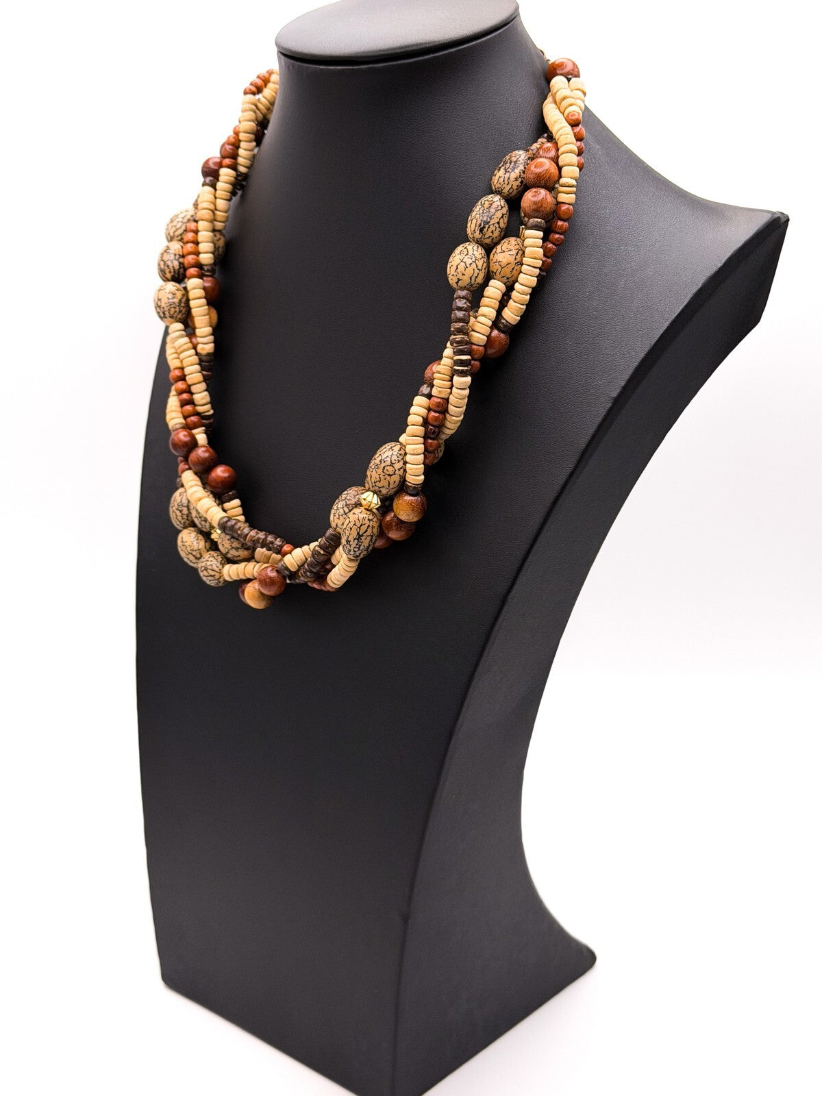 Four Strand Twisted Wood & Coconut Shell Disc Necklace with Gold Tone Boho