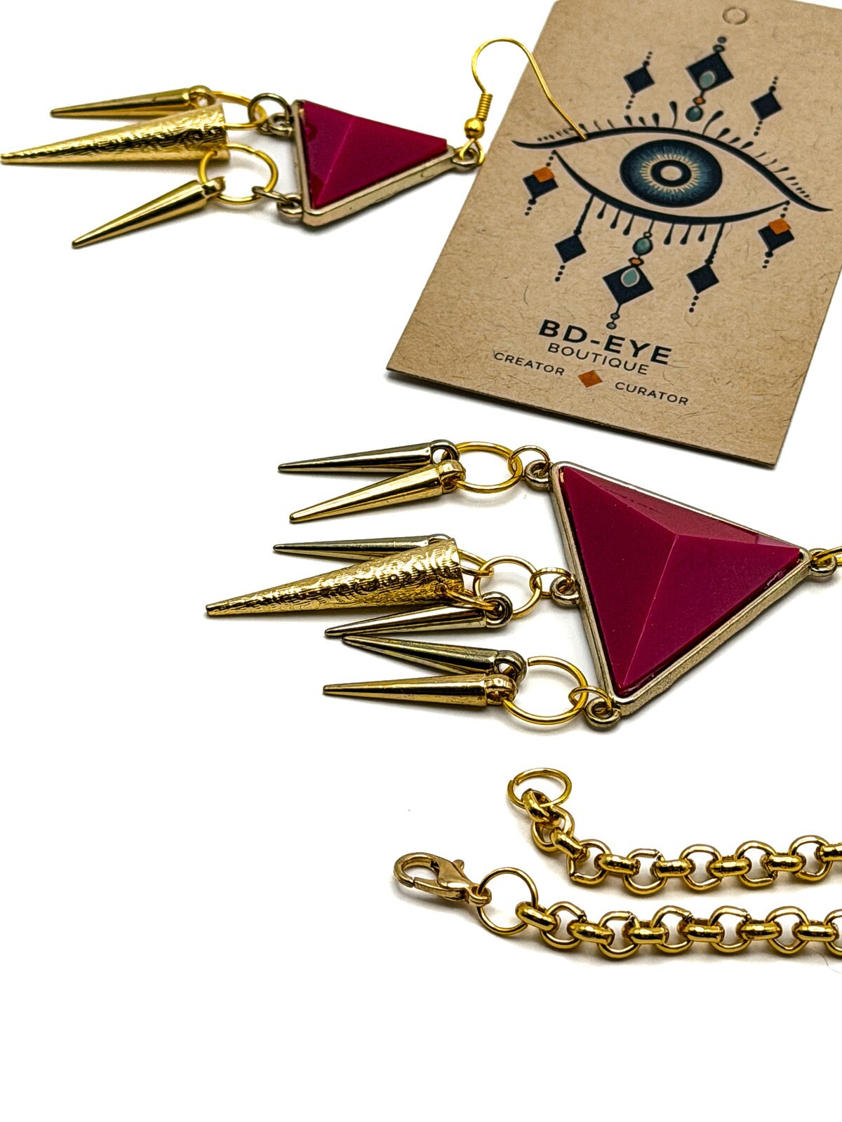 Hot Pink Geometric Pyramid & Spikes Necklace  Earrings Set - Original Re-design