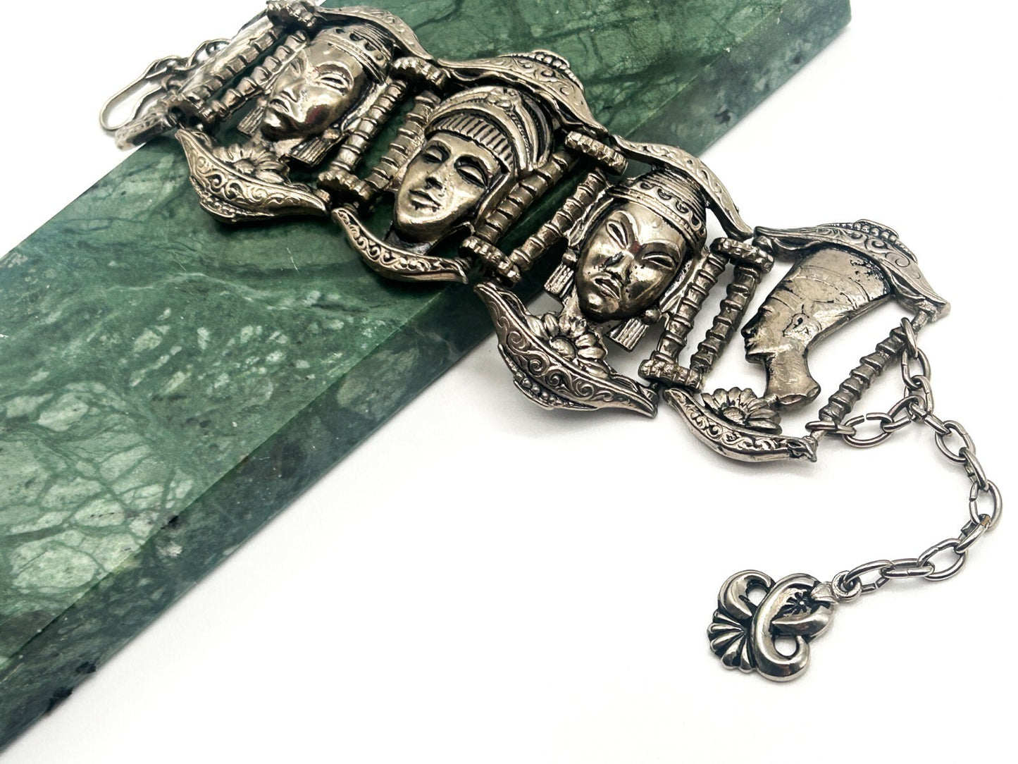 Vintage Ethnic Revival Silver Tone Panel Bracelet