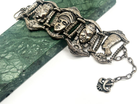 Vintage Ethnic Revival Silver Tone Panel Bracelet