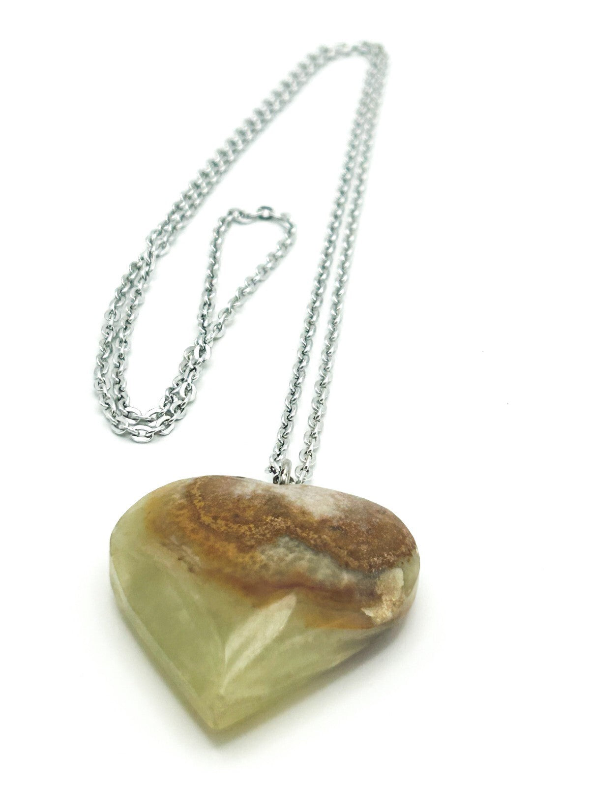 Green Onyx Gemstone Heart Long Pendant Necklace on Silver Tone Chain Boho