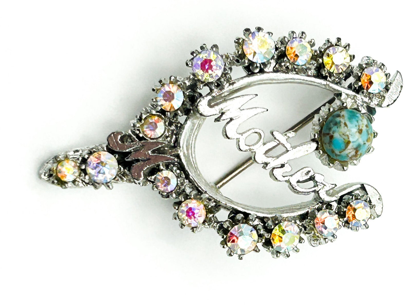 Mother Brooch Aurora Borealis Rhinestone Silver Tone Turquoise Pin