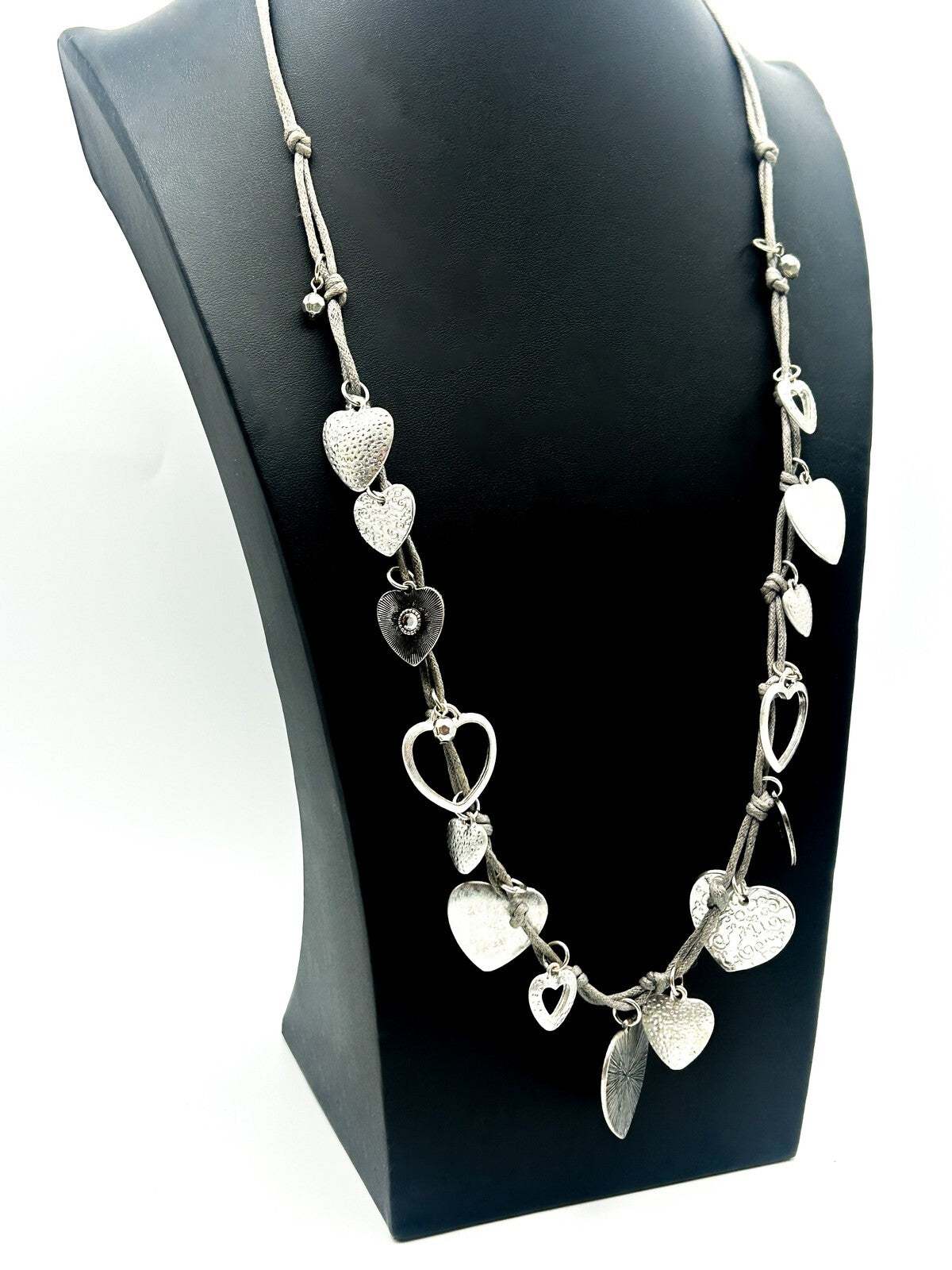 Laura Ashley Silver Tone Heart Charm Necklace on Grey Cord Love Hearts Long