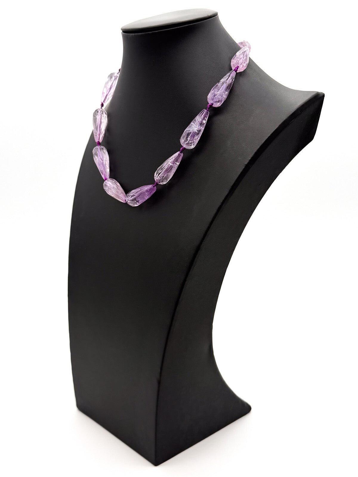 Amethyst Teardrop Necklace Faceted Beads Hand Knotted 18” Statement - Purple
