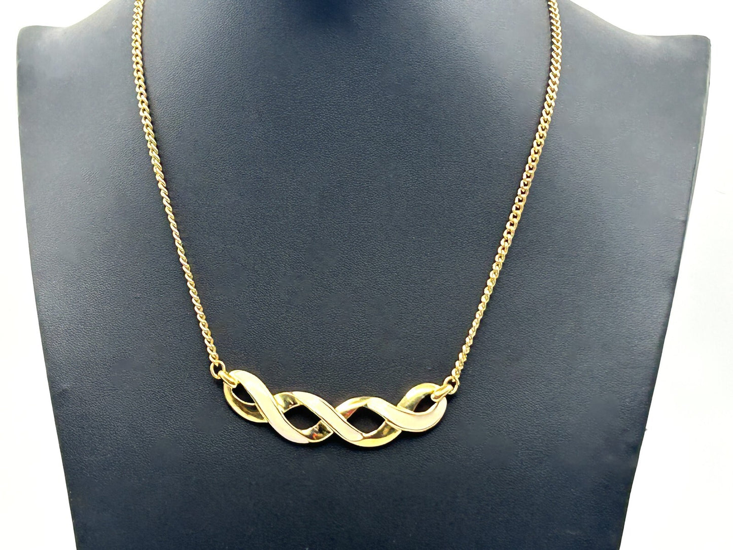 Signed Monet Gold Tone Chain Necklace with Cream Enamel Ribbon Pendant