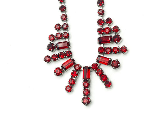 Vintage Red Rhinestone Fringe Statement Necklace Baguette Drop 14.5”