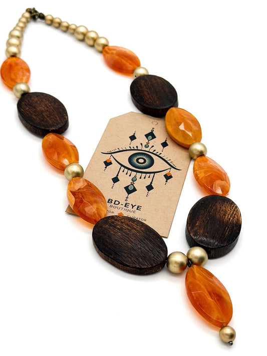 Marbled Orange Acrylic & Wooden Bead Statement Necklace with Gold Tone Spacers