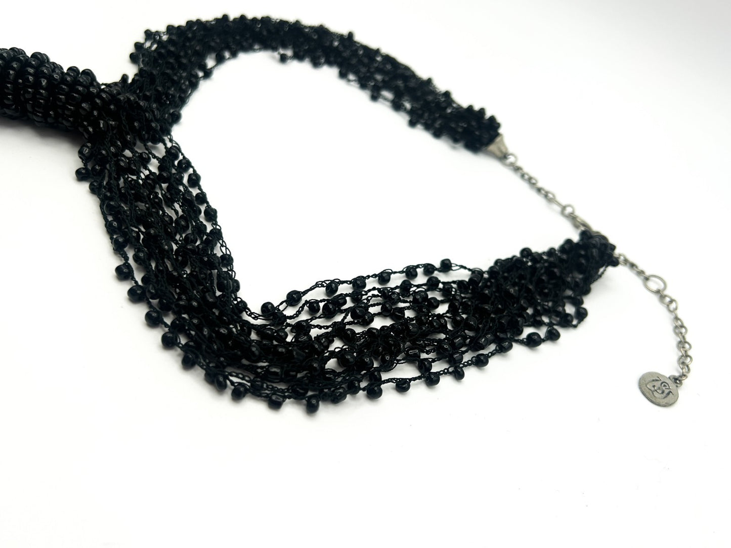 Black Multi Strand Beaded Tassel Necklace Statement Signed WS 25”