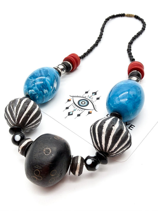 Chunky Blue Black Statement Necklace Carved Clay Beads Ethnic Style Wood 22”