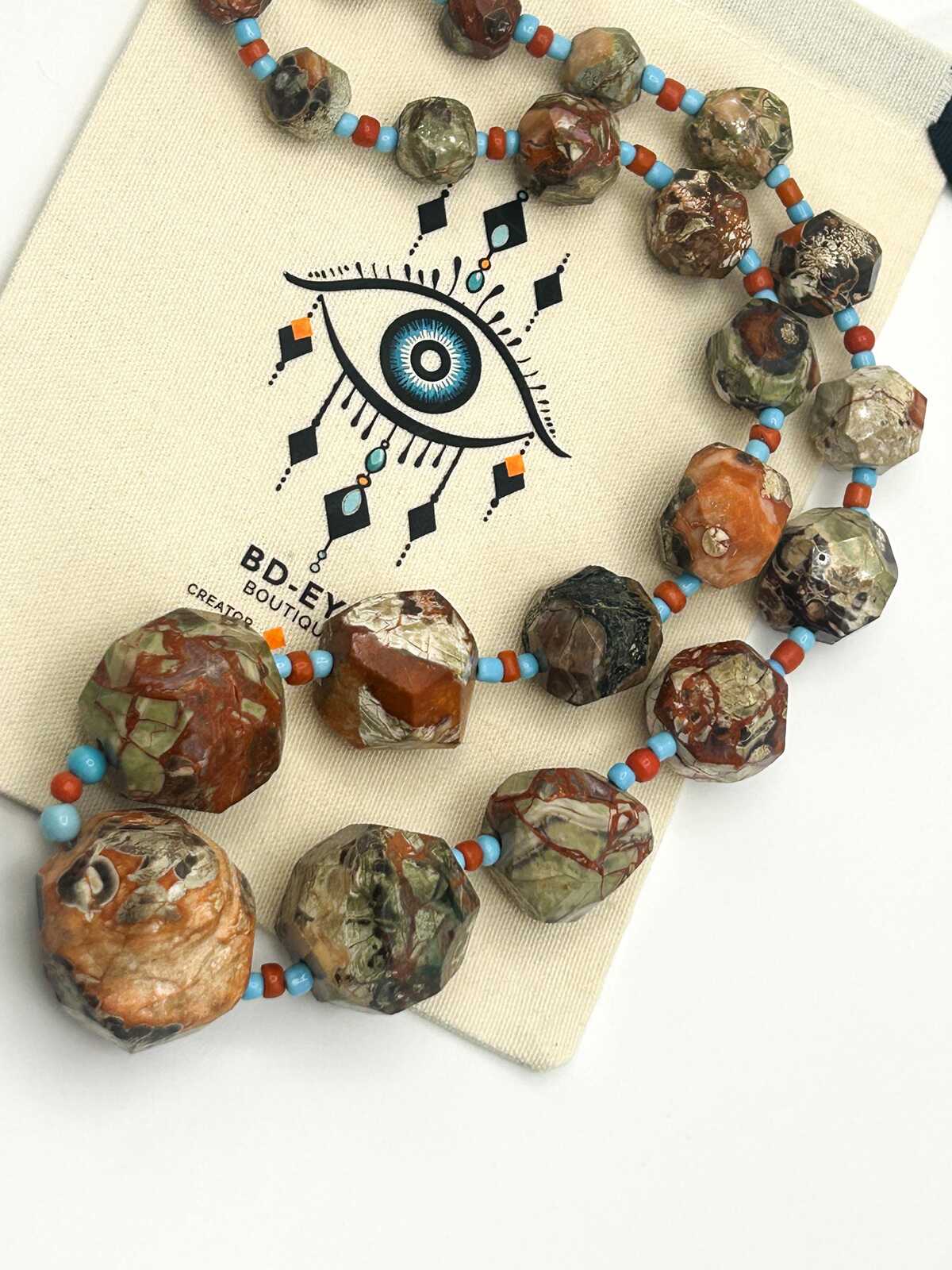Graduated Raw & Faceted Jasper Statement Necklace with Blue and Red Glass Spacer