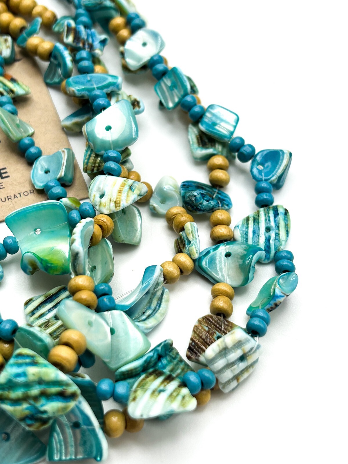 Layered Blue Shell and Wood Multi-Strand Necklace - Boho Sea Beach Surf
