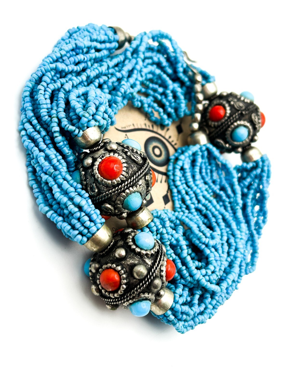 Turquoise Glass Multi Strand Beaded Necklace Statement Silver Tone Red Blue