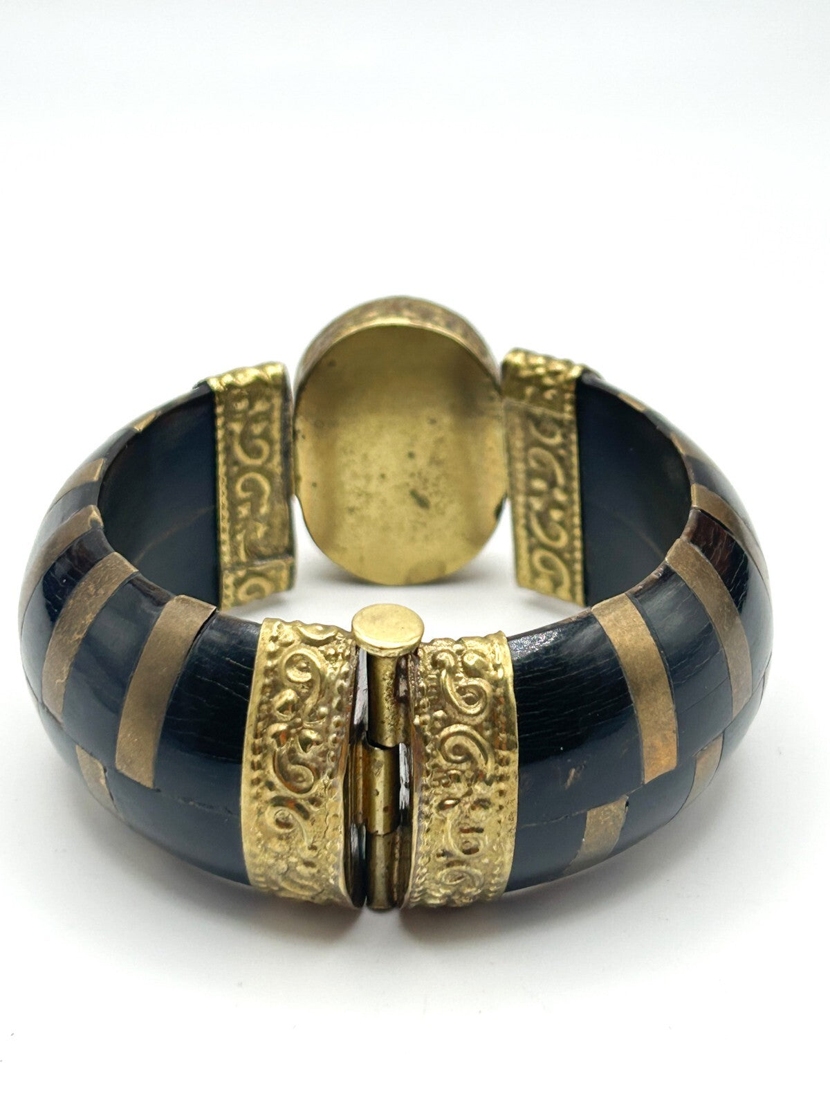 Vintage Horn, Brass and Agate Cuff, appx 18.5cm - red stone, gemstone, hinged