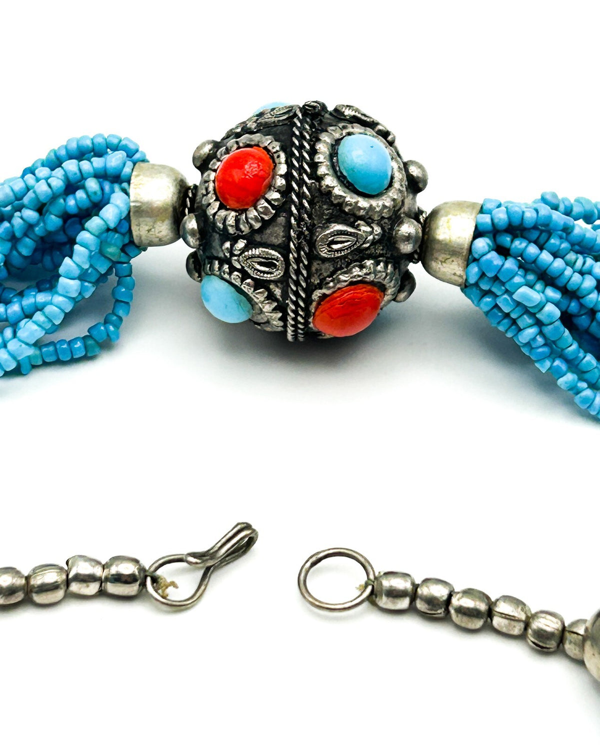 Turquoise Glass Multi Strand Beaded Necklace Statement Silver Tone Red Blue
