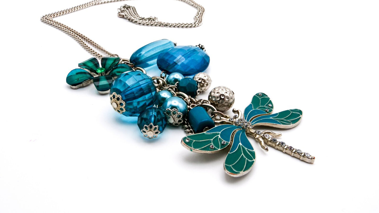Dragonfly Drop Pendant Necklace - Blue, Turquoise, Teal, Silver-tone chain