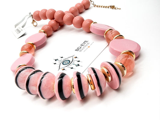 Retro Chunky Pink Acrylic Statement Necklace Disc Beads Gold Tone New w/Tag 23”