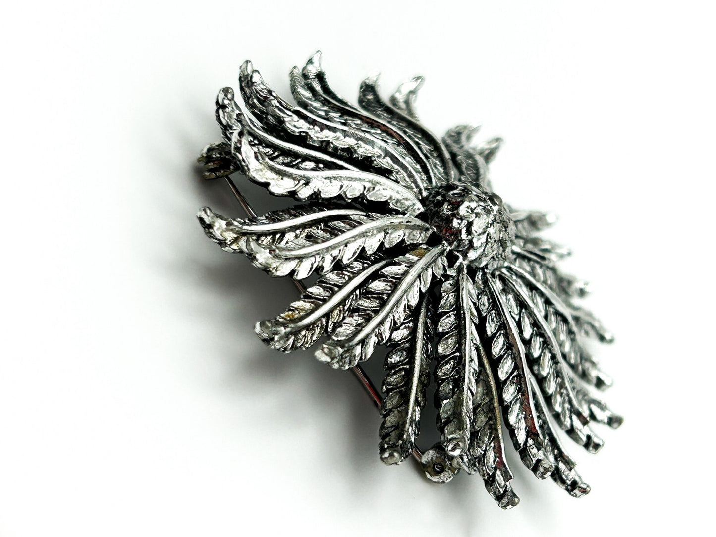 Silver-Tone Sculptural Floral Textured Flower Brooch Statement