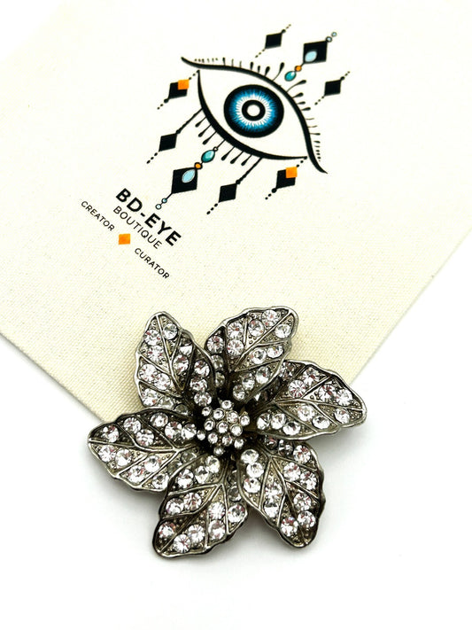 Vintage Brooch Silver Tone Rhinestone Diamanté Flower Statement Brooch 80s
