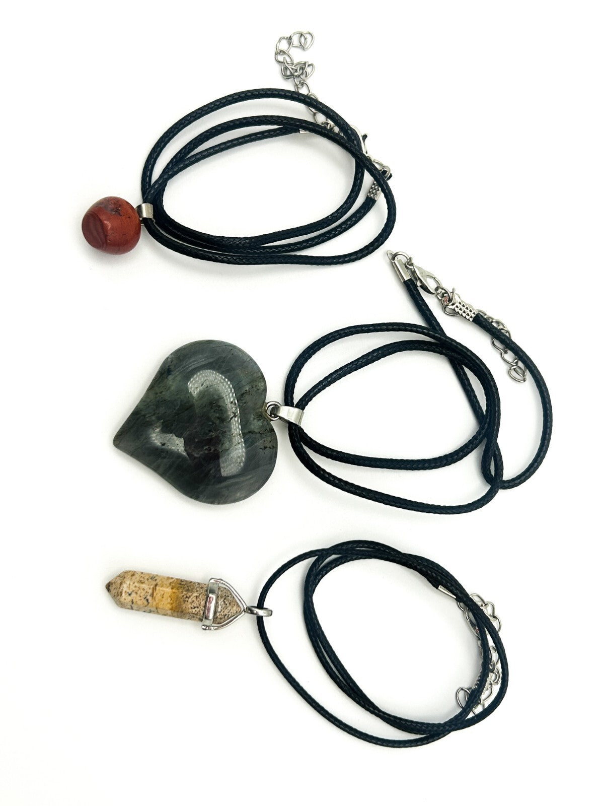 Gemstone Pendant Cord Necklace Bundle – Labradorite Heart, Picture Jasper Point