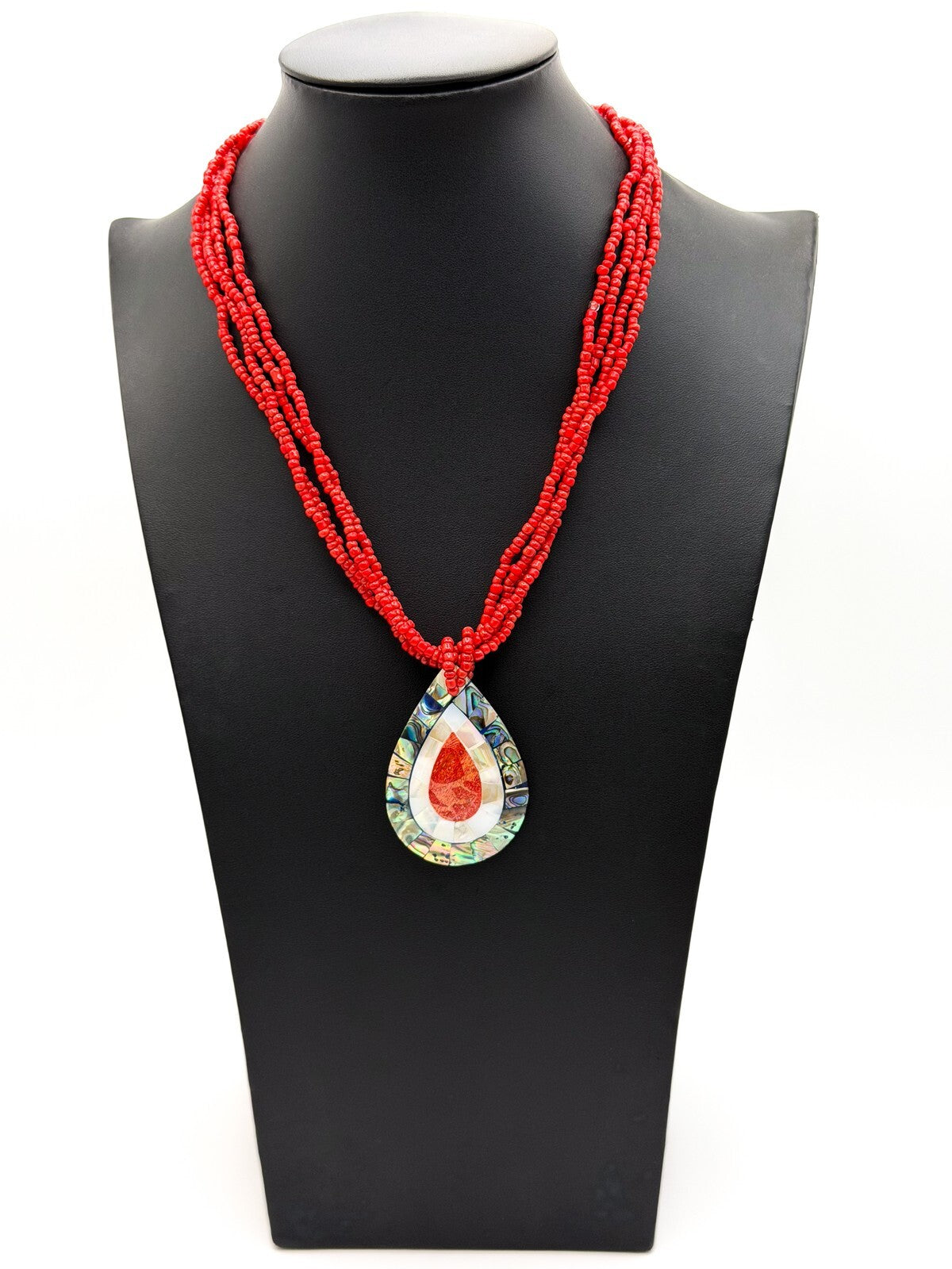 Twisted Red Seed Bead Necklace with Abalone, Mother of Pearl & Coral Teardrop Pe