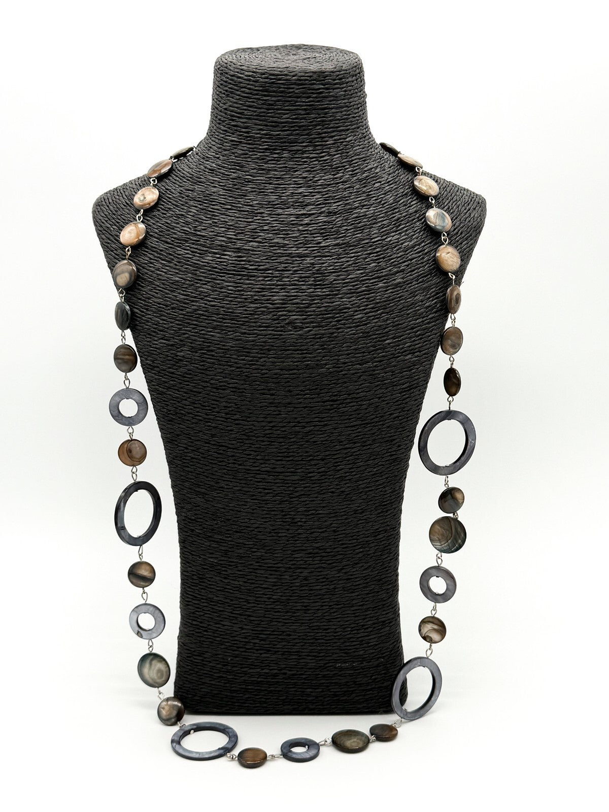 Long Shell Disc Hoop Long Necklace Grey Brown Iridescent Statement Unsigned M&S