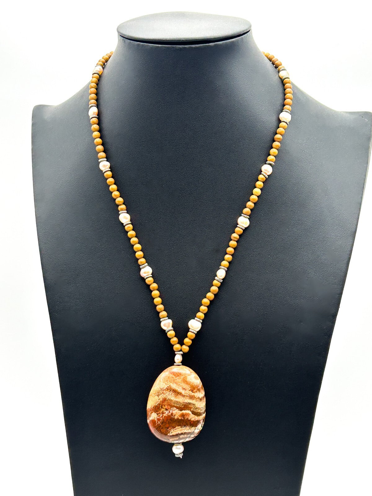 Jasper Pendant Necklace Natural Stone Brown Beaded Freshwater Pearl Earthy 19.5”