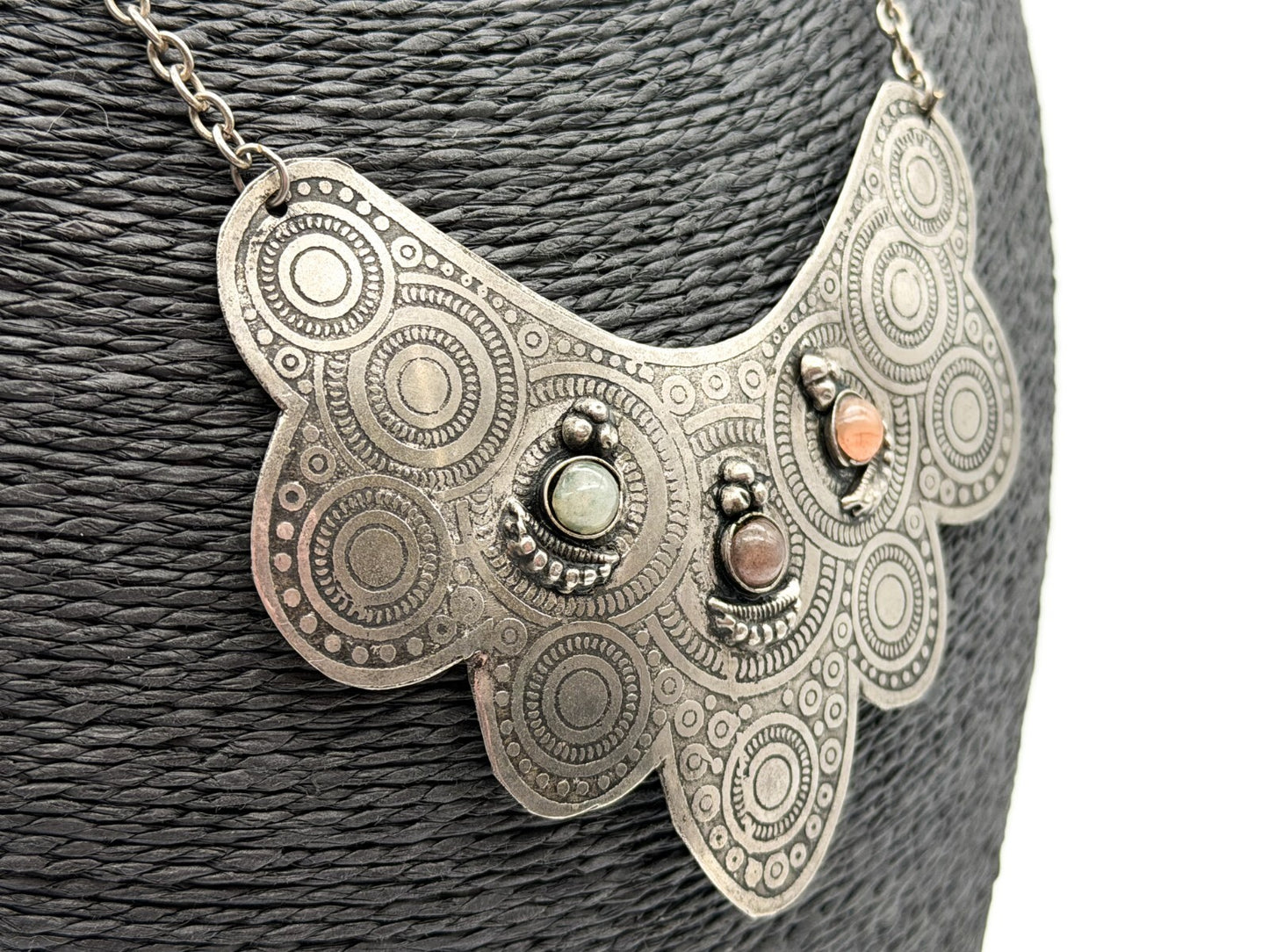 Silver Tone Ornate Ethnic Style Bib Necklace with Semi-Precious Agate Cabochons