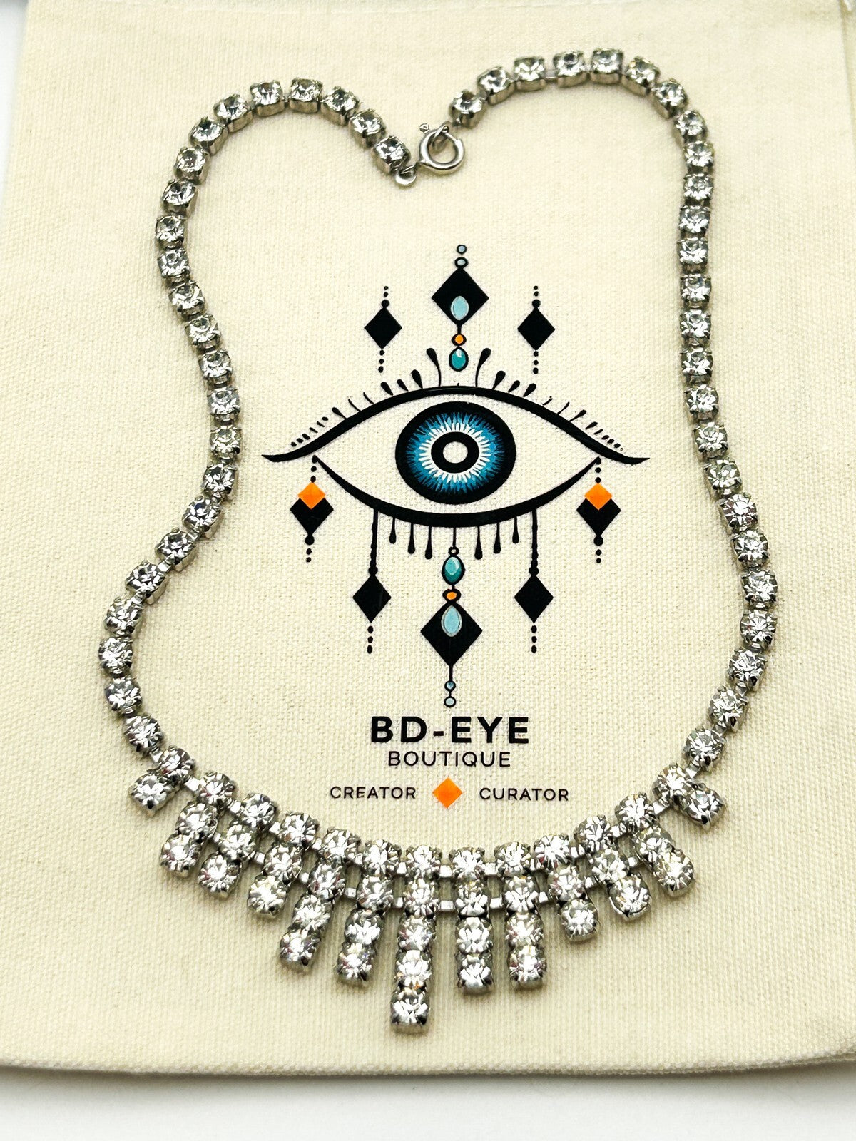 Vintage Rhinestone Fringe Necklace Silver Tone Waterfall Drop Bridal Sparkle