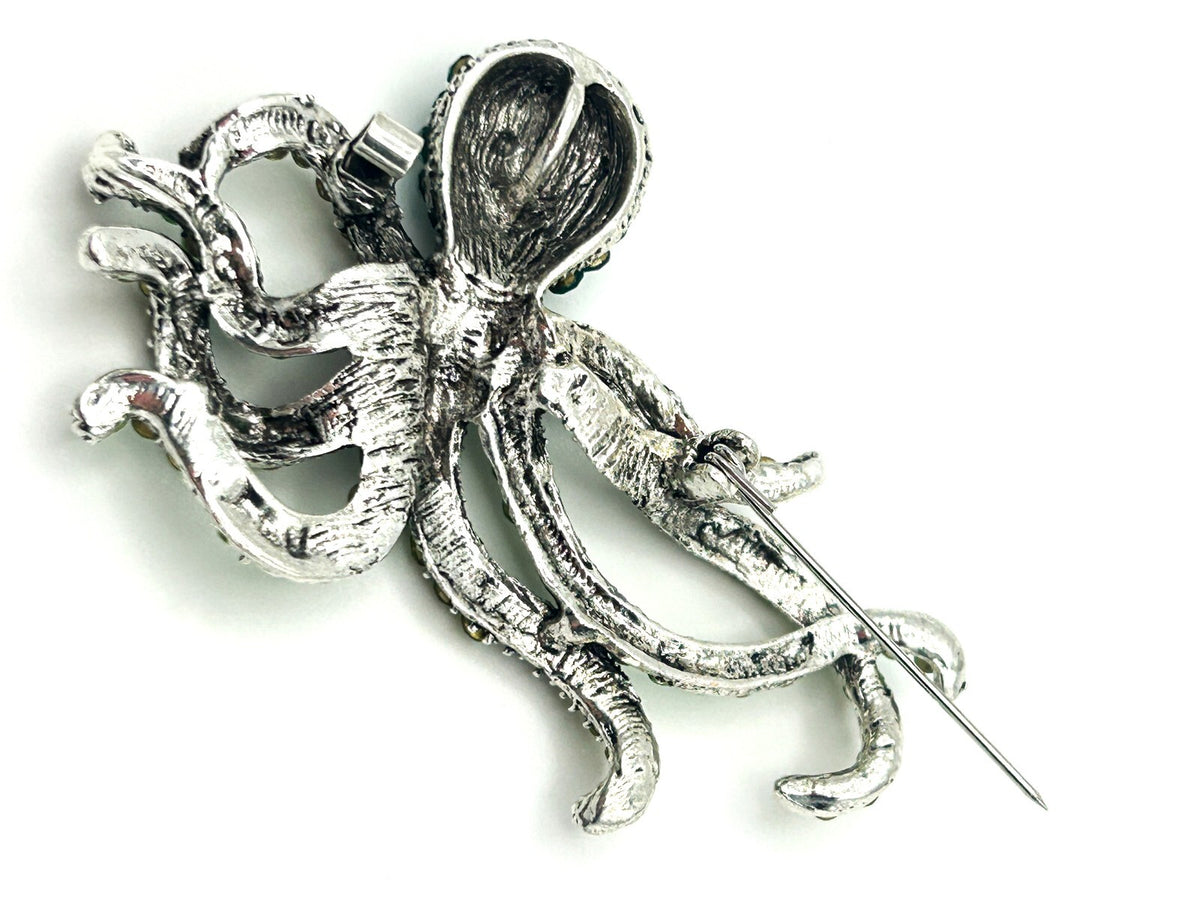 Vintage Rhinestone Octopus Brooch – Green & Teal Crystal Statement Pin